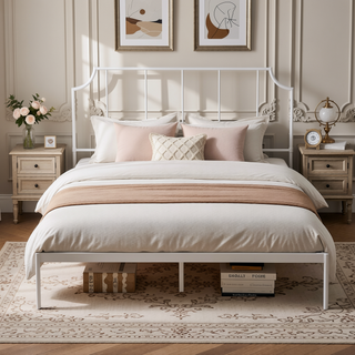 Sunvega Solid Metal Platform Bed with Rectangular Headboard and Scooped Corners, King, White