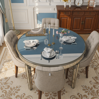 Sunvega Round Glass Dining Table with Gold Geometric Design and Mirror Top