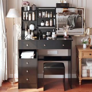 Sunvega Small Size Left Drawer Vanity Table with Cushioned Stool and LED Mirror for Small Spaces