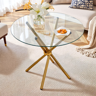 Sunvega Modern Simple Round Clear Glass Dining Table with Gold Metal Legs for 4-6 People