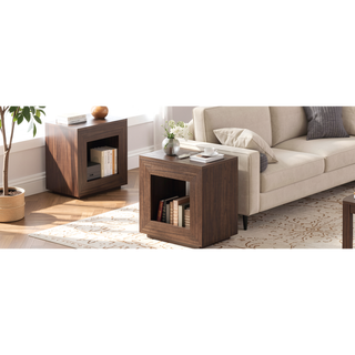 Sunvega Industrial Rustic Brown Wood End Table with 2 Tiered Storage Shelf and USB Outlets