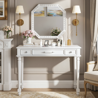 Sunvega Elegant White Dressing Table with Large Mirror and 3 Drawers for Bedroom