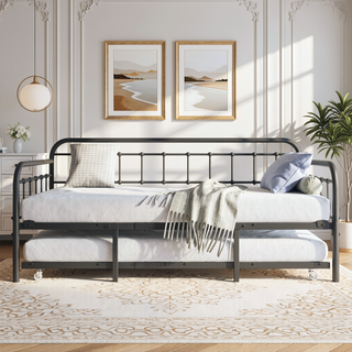 Sunvega Twin Size Victorian Style Metal Daybed Frame with Trundle Set for Guest Room