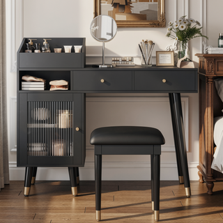 Sunvega Modern Makeup Vanity Desk with Drawers, Cabinet, Charging Port, and Stool