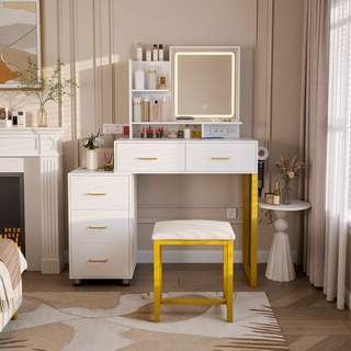 Sunvega White Makeup Vanity Table with LED Lights Power Outlet and 2 Drawers