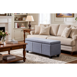 Sunvega Large Storage Ottoman Bench with Tufted Linen Design for Living Room
