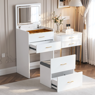 Sunvega White Glass Top Vanity Desk with 10 Drawers and Lighted Mirror