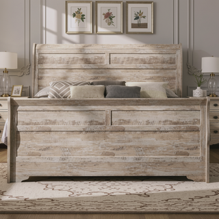 Sunvega White Wash Finish Queen Sleigh Bed Dresser Mirror and Nightstands Set