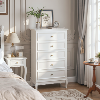 Sunvega Modern White Fluted 5-Drawer Dresser with Solid Wood Legs and Wave-Shaped Bar