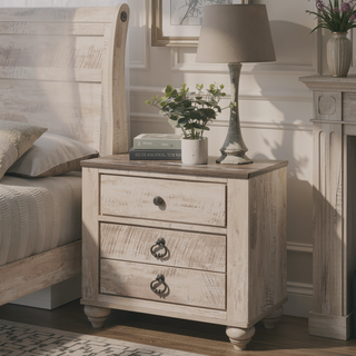 Sunvega White Wash Finish King Sleigh Bed Dresser Mirror Nightstand Bedroom Set