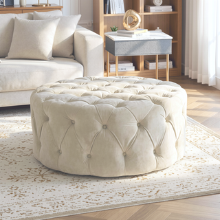 Sunvega Round Storage Ottoman with Faux Leather Upholstery and Tufted Design