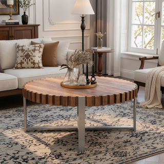 Sunvega Modern Natural Wood Grain Handmade Drum Shaped Circular Coffee Table