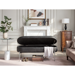 Sunvega Glam Contemporary Storage Bench with Black Faux Leather and Chrome Base