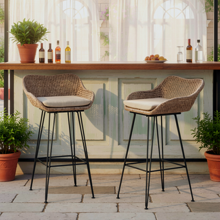 Sunvega PE Rattan Bar Stools with Water-Resistant Cushions and Hairpin Legs for Outdoor