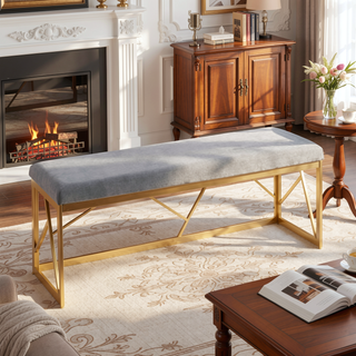 Sunvega Folia Gold Metal Frame with Grey Velvet Upholstery Bench for Entryway