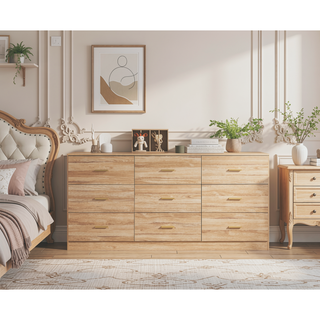 Sunvega Modern Black 9-Drawer Dresser with Golden Handles for Bedroom Storage