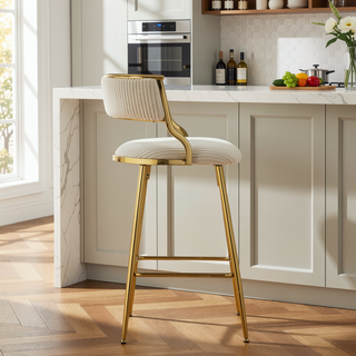 Sunvega Set of 2 Grey Corduroy Bar Stools with Back Golden Chromed Base and Footrest