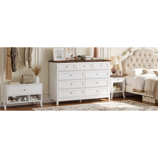 Sunvega White Wood Rustic Storage Dresser with 9 Silver Handle Drawers
