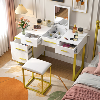 Sunvega 3 in 1 Vanity Desk with Open Top Mirror and Visible Glass Desktop