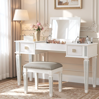 Sunvega Mirrored Vanity Desk with Stool, Flip Up Mirror and Drawers for Bedroom Makeup Room