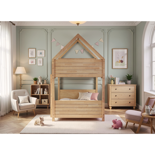 Sunvega Twin Over Twin House Floor Bunk Bed with Headboards Footboards Guardrails and Ladder