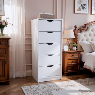 Sunvega White 5 Drawer Tall Dresser with Pull Out System Compact Size