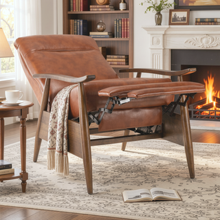 Sunvega Modern Chestnut Brown Wood Arm Push Back Recliner in Caramel