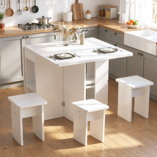 Sunvega White Folding Drop Leaf Dining Table Set with 4 Chairs and Storage