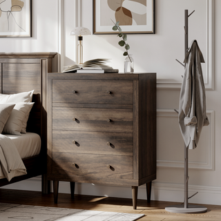 Sunvega Mid-Century Modern 4-Drawer Chest with Faux Wood and Sleek Tapered Legs