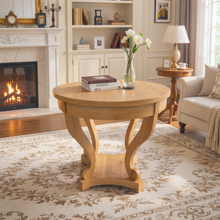 Sunvega Small Round Natural Wood Side Table with Two Storage Drawers