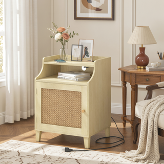 Sunvega Farmhouse Nightstand with Charging Station Rattan Door and Adjustable Shelf
