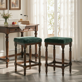 Sunvega Distressed Wooden Farmhouse Barstools with Faux Leather Seat, Counter-Height