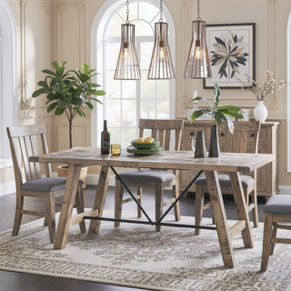 Sunvega Country-Inspired Solid Wood Dining Table with Metal Stretchers Seats 6