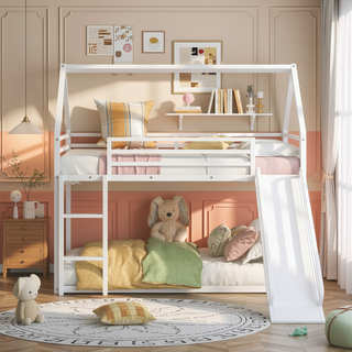 Sunvega Twin over Twin House Bunk Bed with Ladder and Slide in White