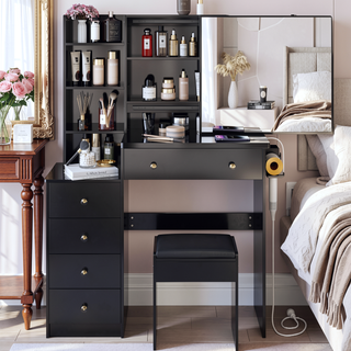 Sunvega 37 Inch Left Bedside Vanity Table with Cushioned Stool and Sliding Mirror