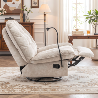 Sunvega Ivory Gold-Stamped Velvet Recliner with Swivel Gliding Rocking and Mobile Phone Holder