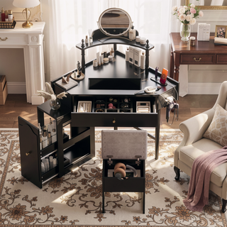 Sunvega Corner Vanity Desk Set with Storage Stool Charging Station and Glass Tabletop