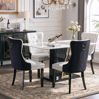 Sunvega Modern Tufted PU and Velvet Upholstered Dining Chair with Wood Legs and Nailhead Trim