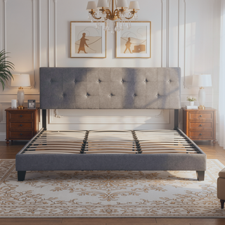 Sunvega Modern Upholstered King Size Platform Bed Frame with Button Tufted Headboard