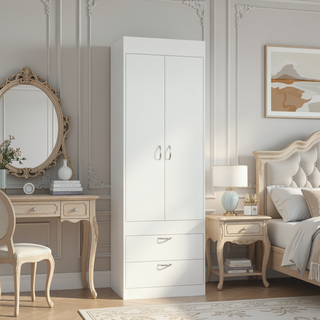 Sunvega White 70H" Double Door Cabinet with Two Drawers and Metal Handles