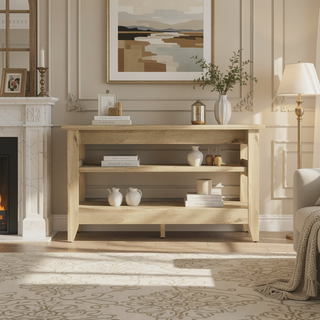 Sunvega Light Oak Storage Bench with Two Open Shelves for Entryway Organization