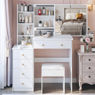 Sunvega 37 Inch Left Bedside Cabinet Vanity Table with Cushioned Stool and Sliding Mirror
