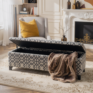 Sunvega Dark Brown Stained Legs Birch Wood Storage Bench Ottoman with Geometric Pattern