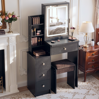 Sunvega Small Size Left Bedside Vanity Table with Cushioned Stool and Touch LED Mirror