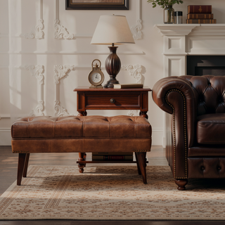 Sunvega Solid Mango Wood Brown Buffalo Leather Upholstered Bench with Deep Button
