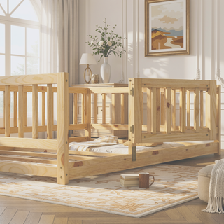 Sunvega Full Size Montessori Floor Bed with Fence Door and Slats for Kids