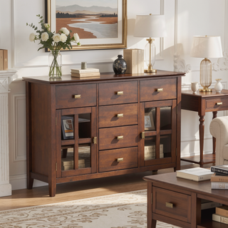 Sunvega Handcrafted Russet Brown Solid Wood Sideboard Buffet with Glass Doors