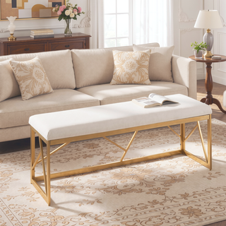 Sunvega Gold Metal Frame and White Velvet Upholstered Bench for Bedroom or Entryway