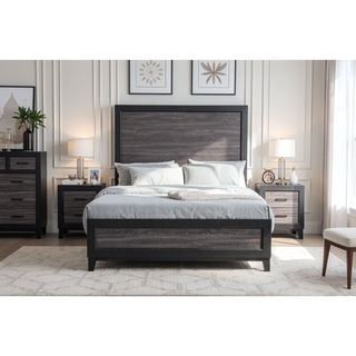 Sunvega Two-Tone Dark Gray and Black Queen Size Bed with Wood Inlay