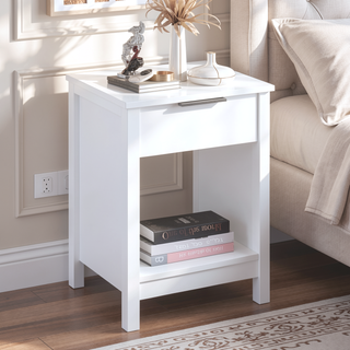 Sunvega White Wooden End Table with Charging Station and 2 Drawers for Bedroom